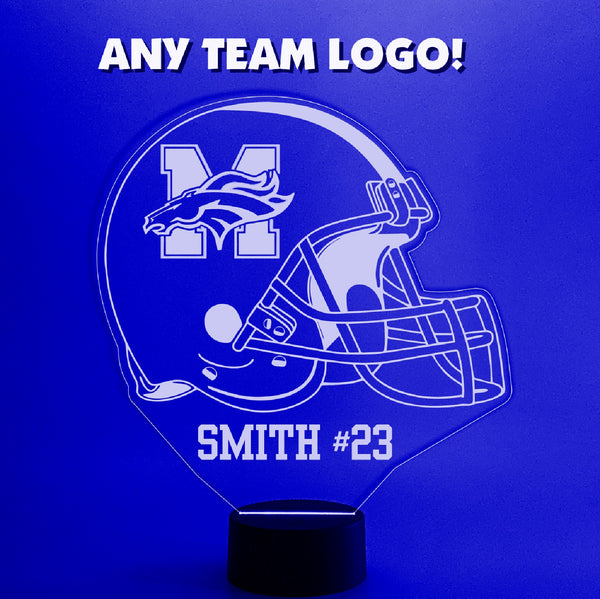 Personalized Football Helmet for High School, College & Pro Logos 16 Color Night Light w/ Remote